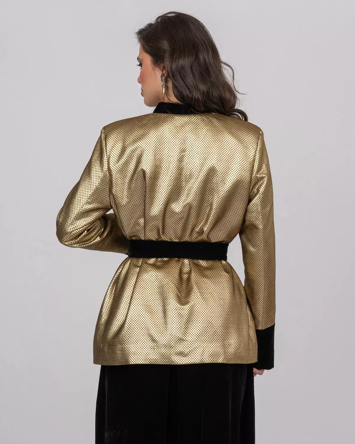 Gold Dotted Brocade Blazer Jacket with Velvet Accents 3