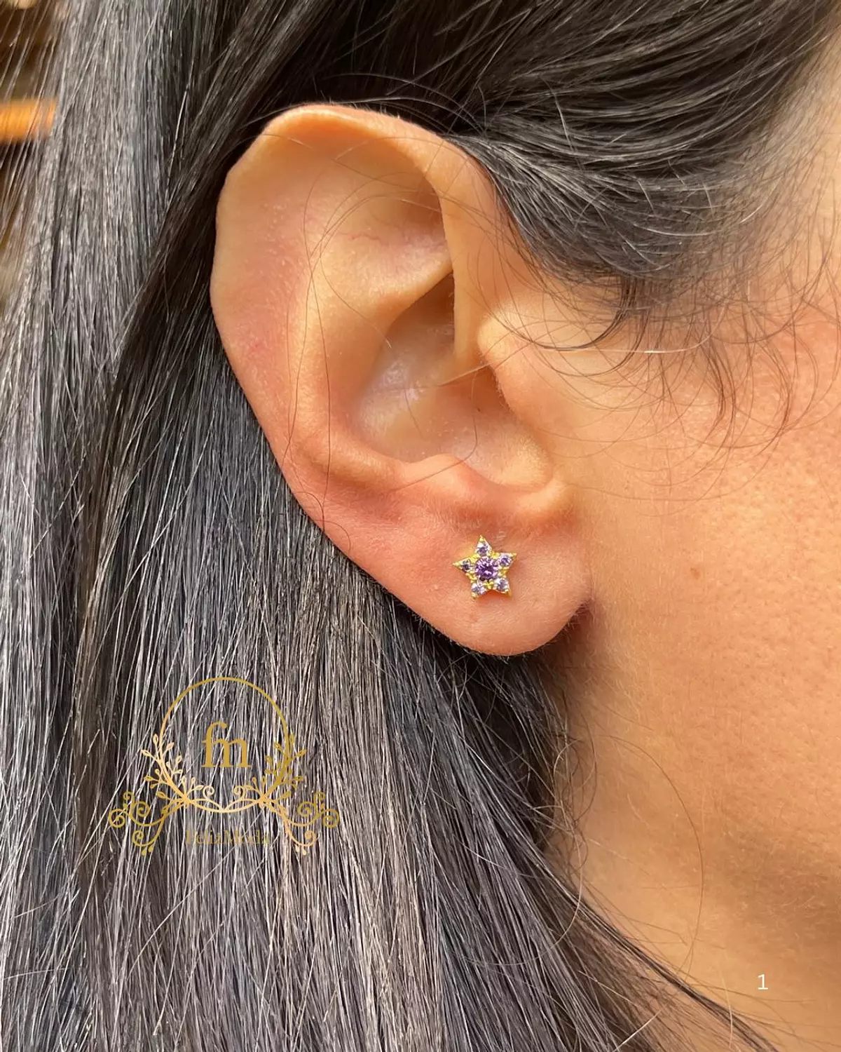 Purple star silver earrings gold plated image
