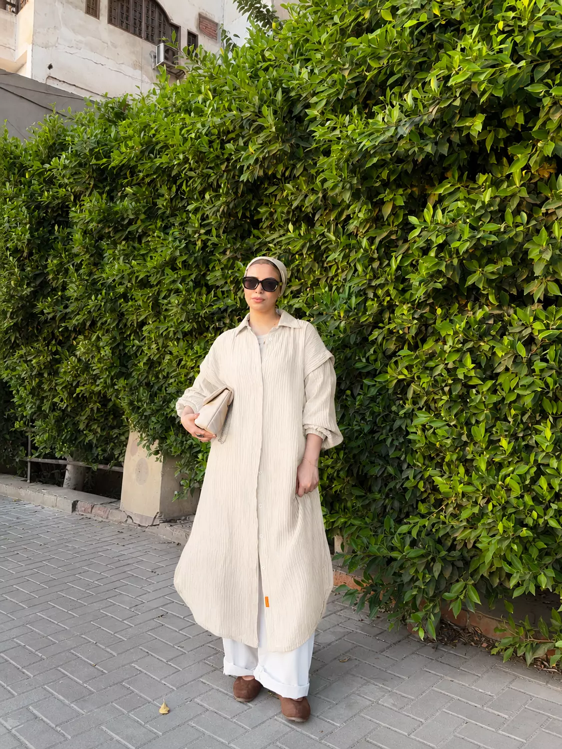 Crinkle Cuffs Shirt Dress in Beige 4