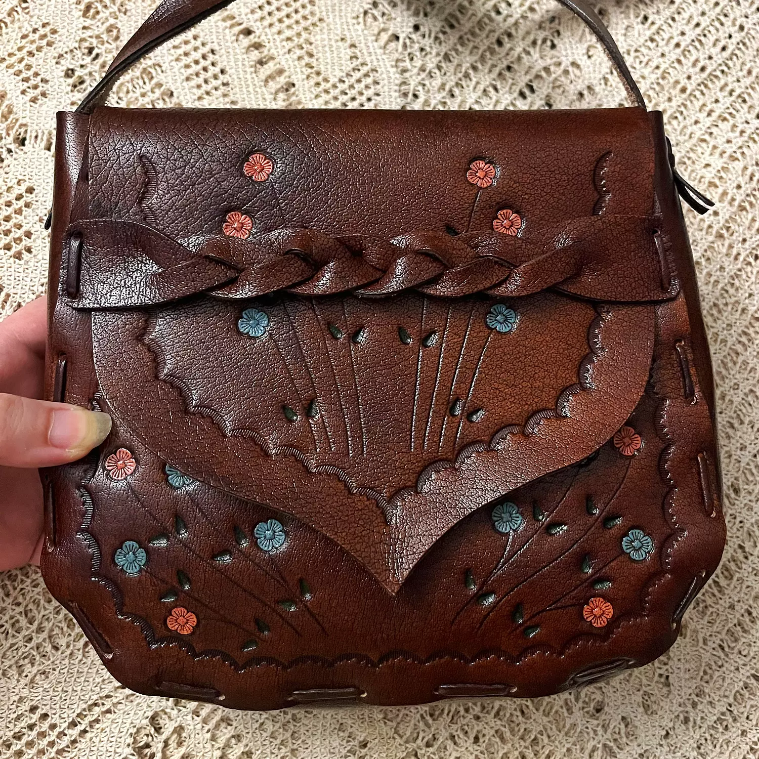Hand painted orange-blue flowers braided strap leather  hover image