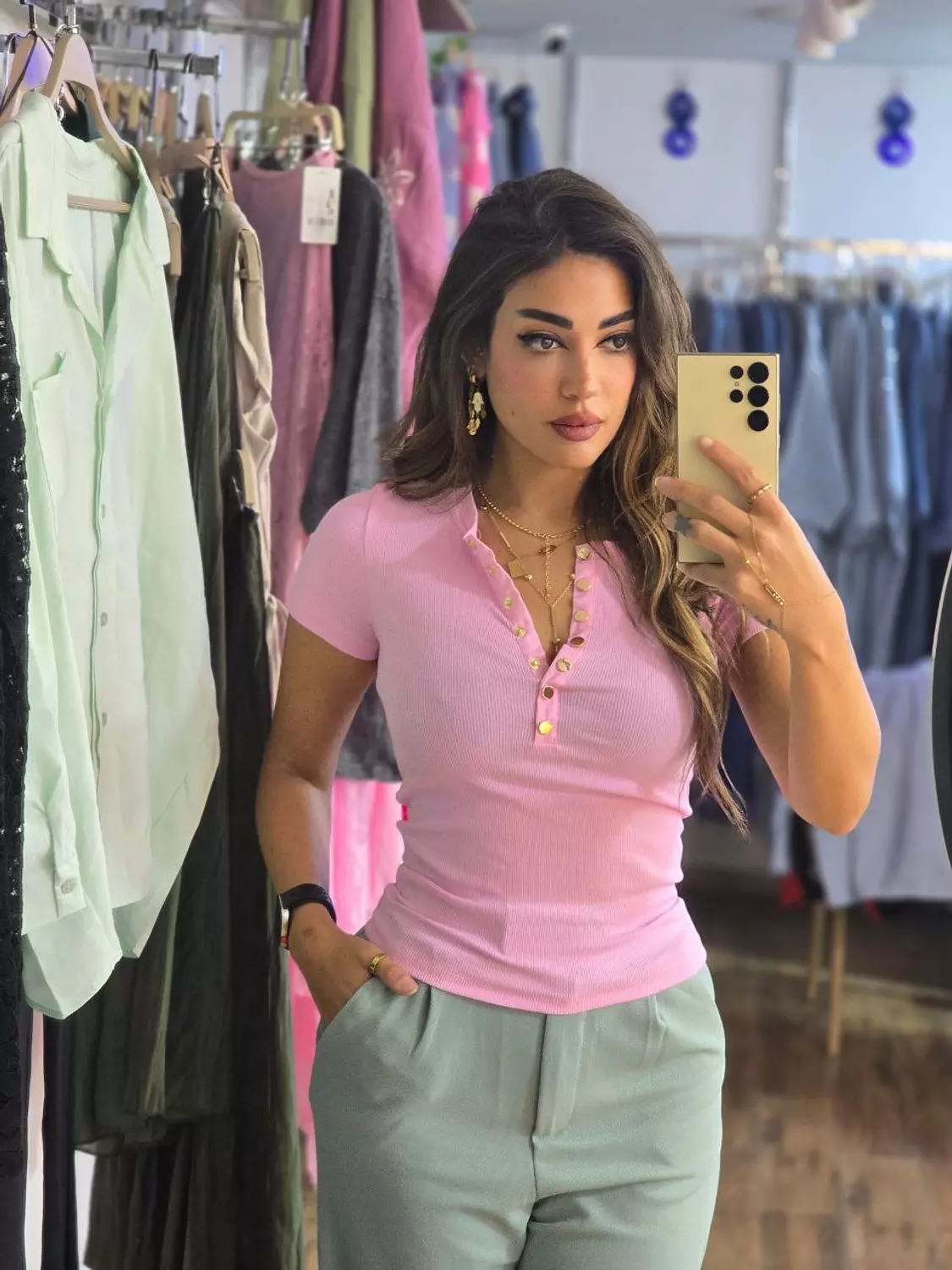 Pink basic Karol top with gold buttons  hover image