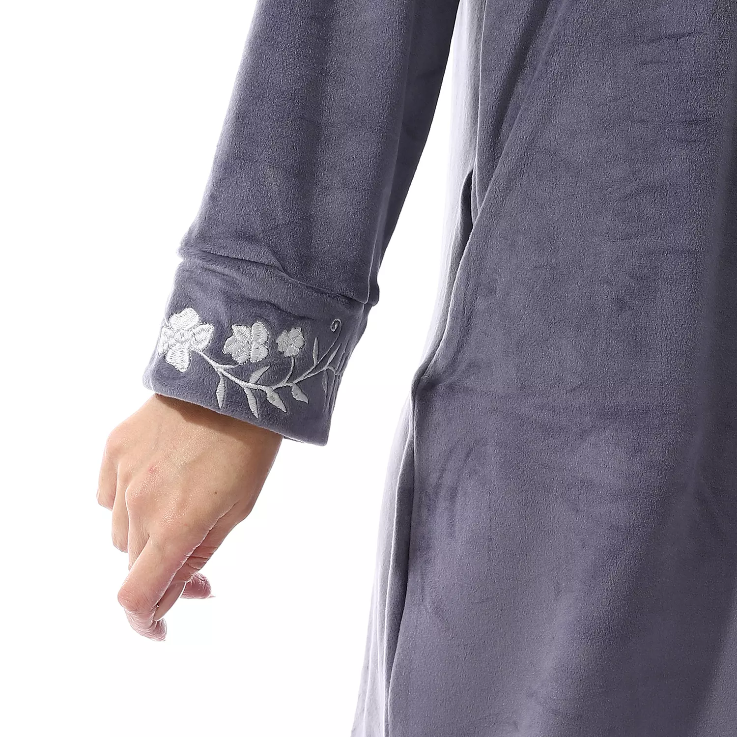 Shorto Women Nightgown Fleece Round Neck - Embroidery Flower - 2525 - Grey 5