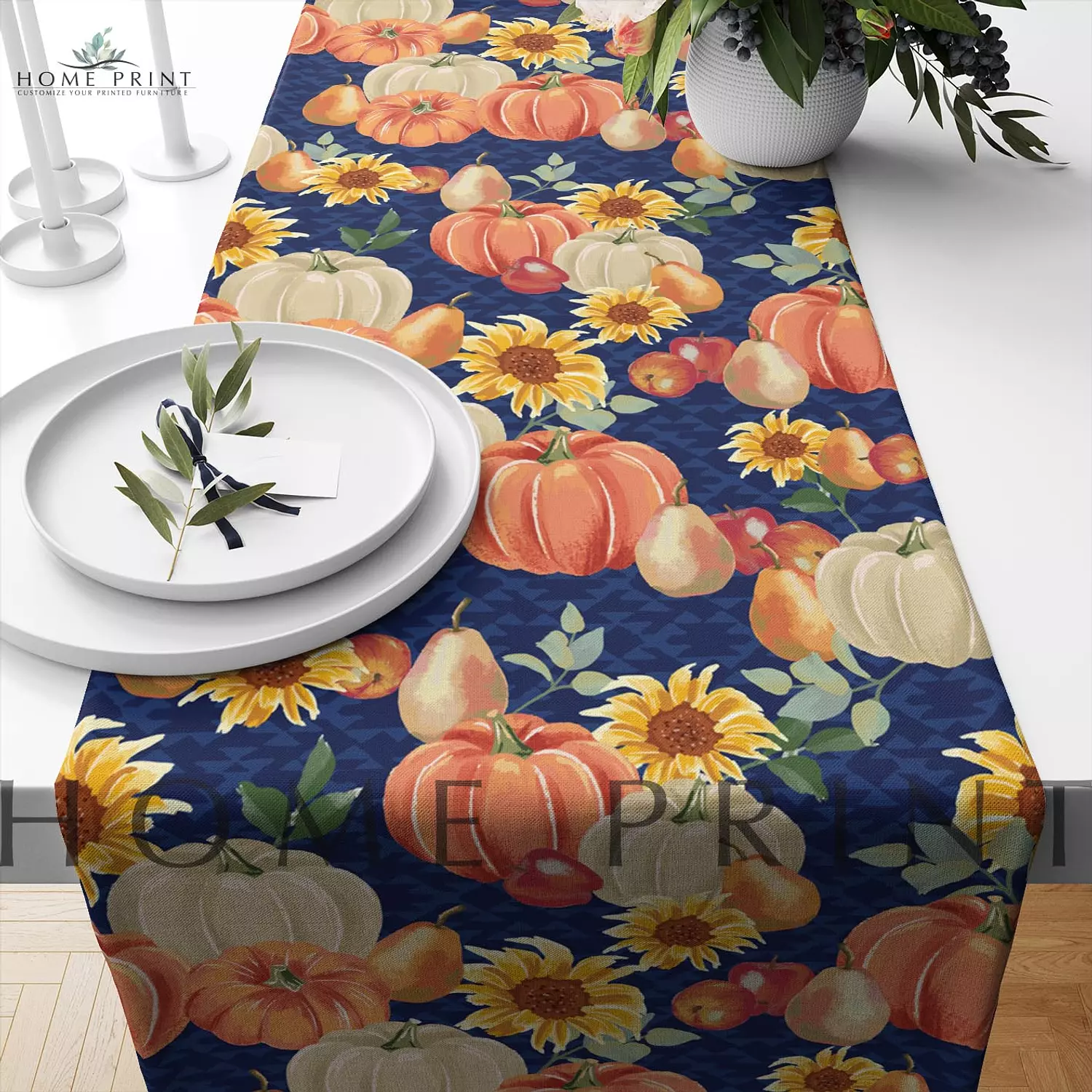 Autumn Runner - Pumpkin and Sun Flowers - Multi Colors Design with Blue background  image