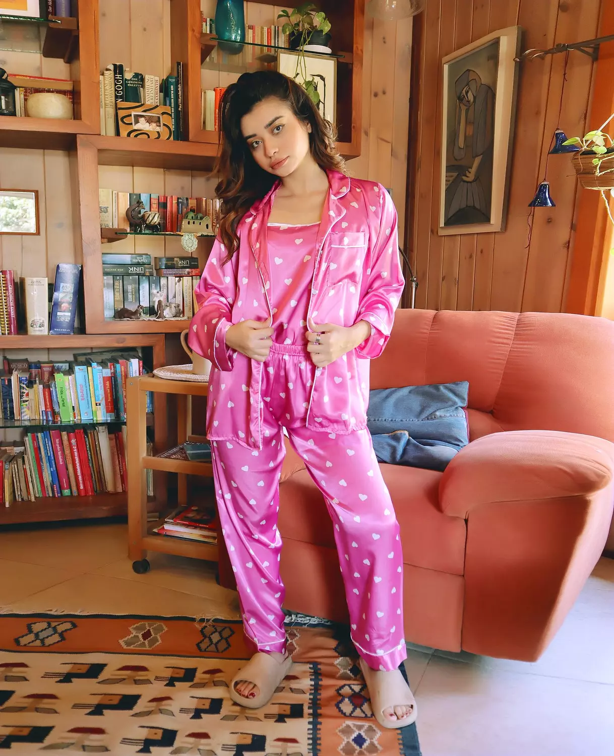 Heart Print Satin 3-Piece Pajama Set 7