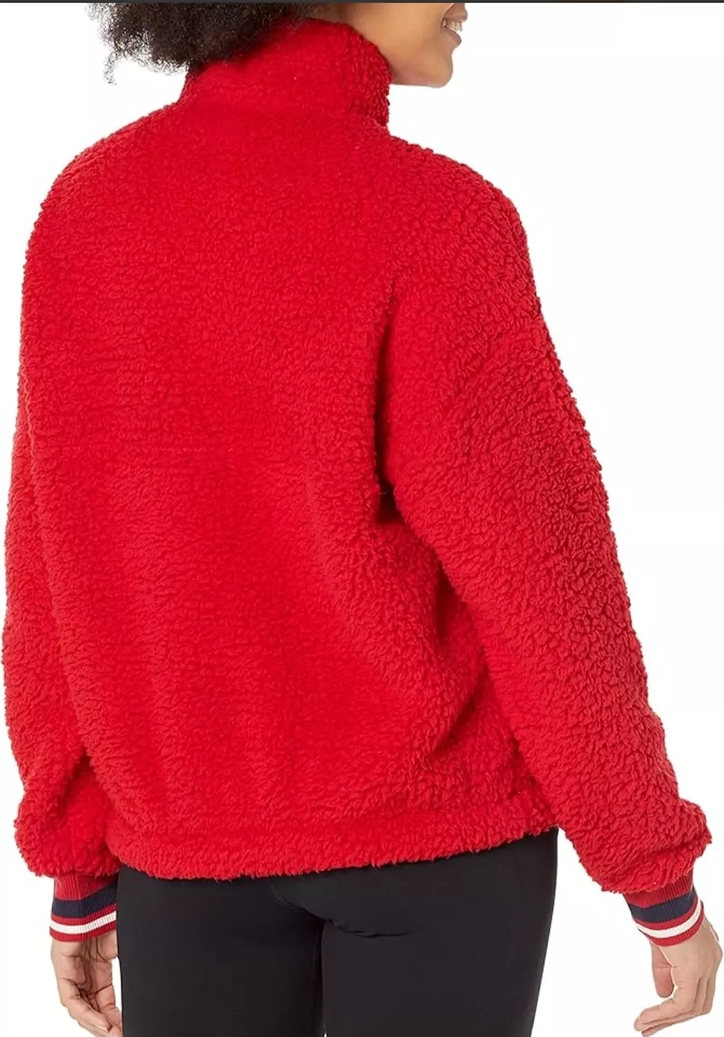 Tommy Hilfiger women's cropped red Sherpa fleece or Teddy Bear textured quarter-zip pullover/sweatshirt. hover image