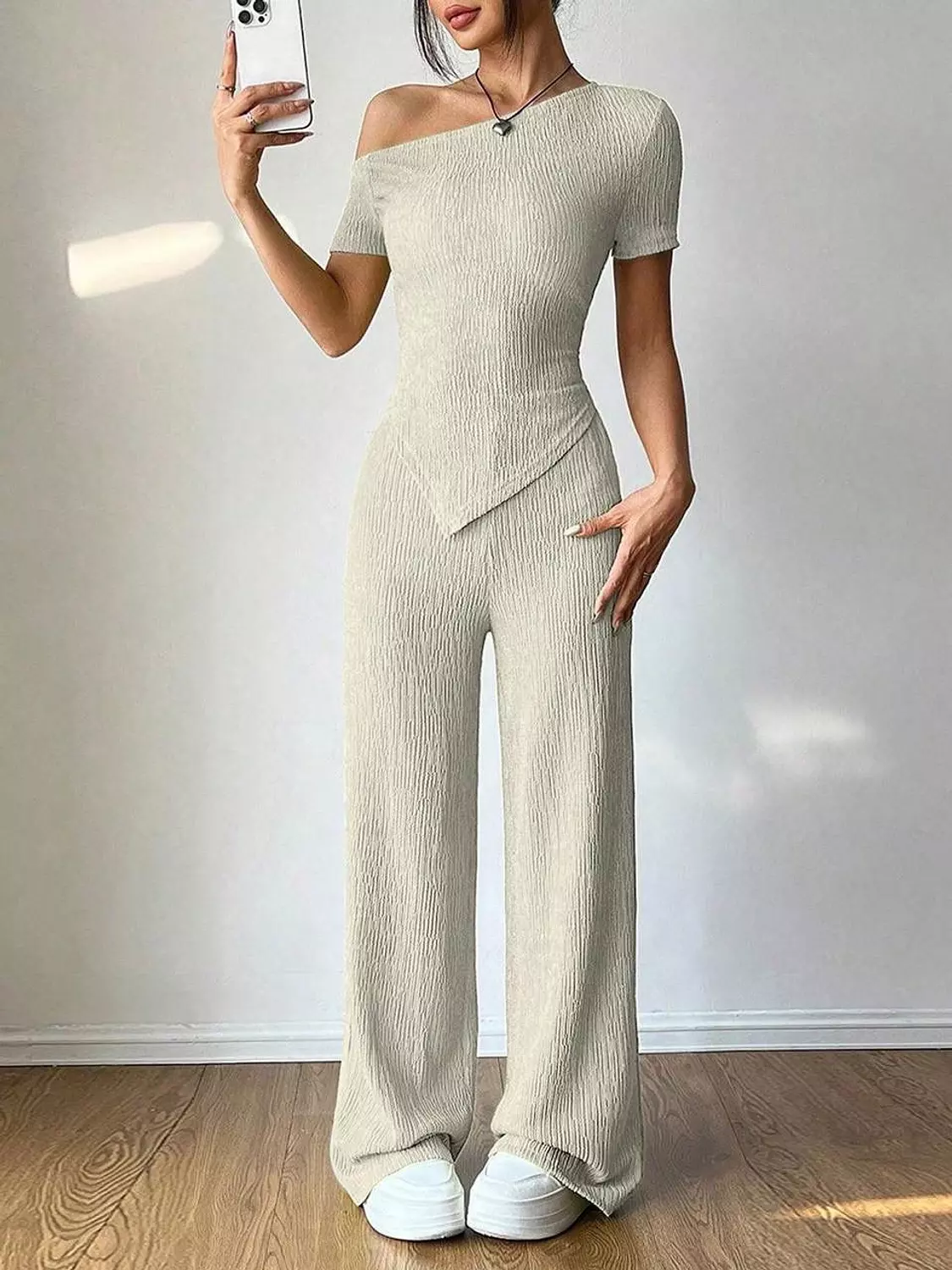 Crinkle Cotton Two-Piece | Asymmetrical Top & Wide-Leg Pants 1