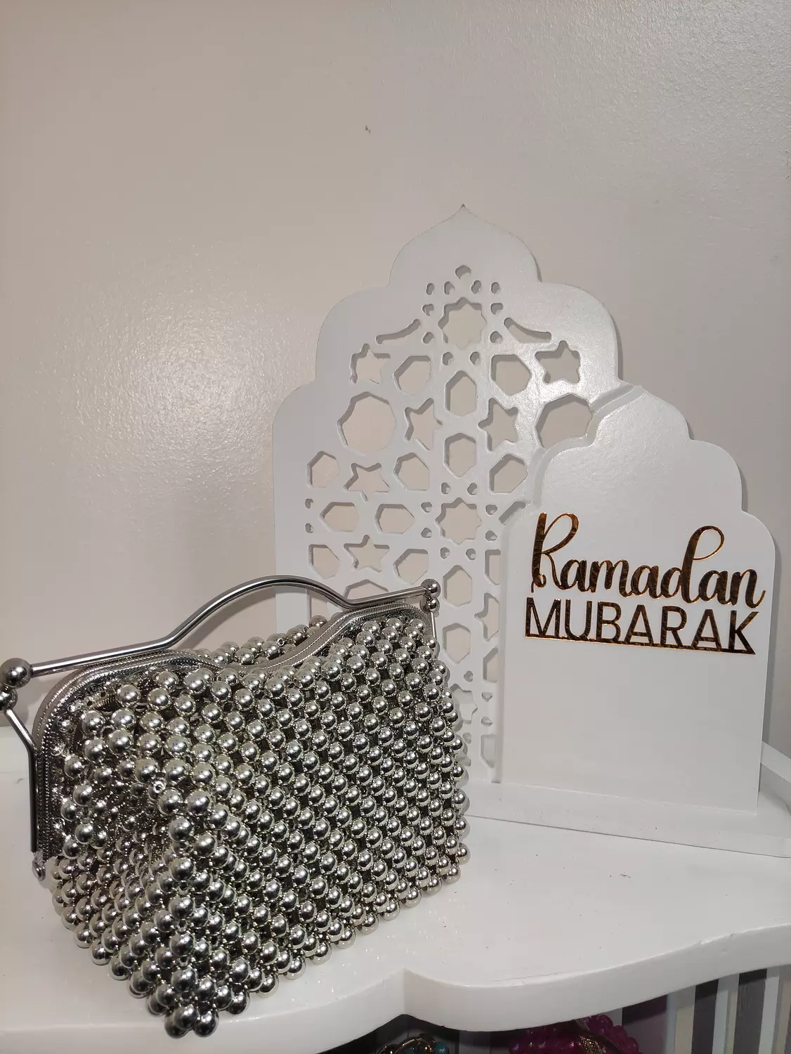 Silver beaded bag with silver frame  image