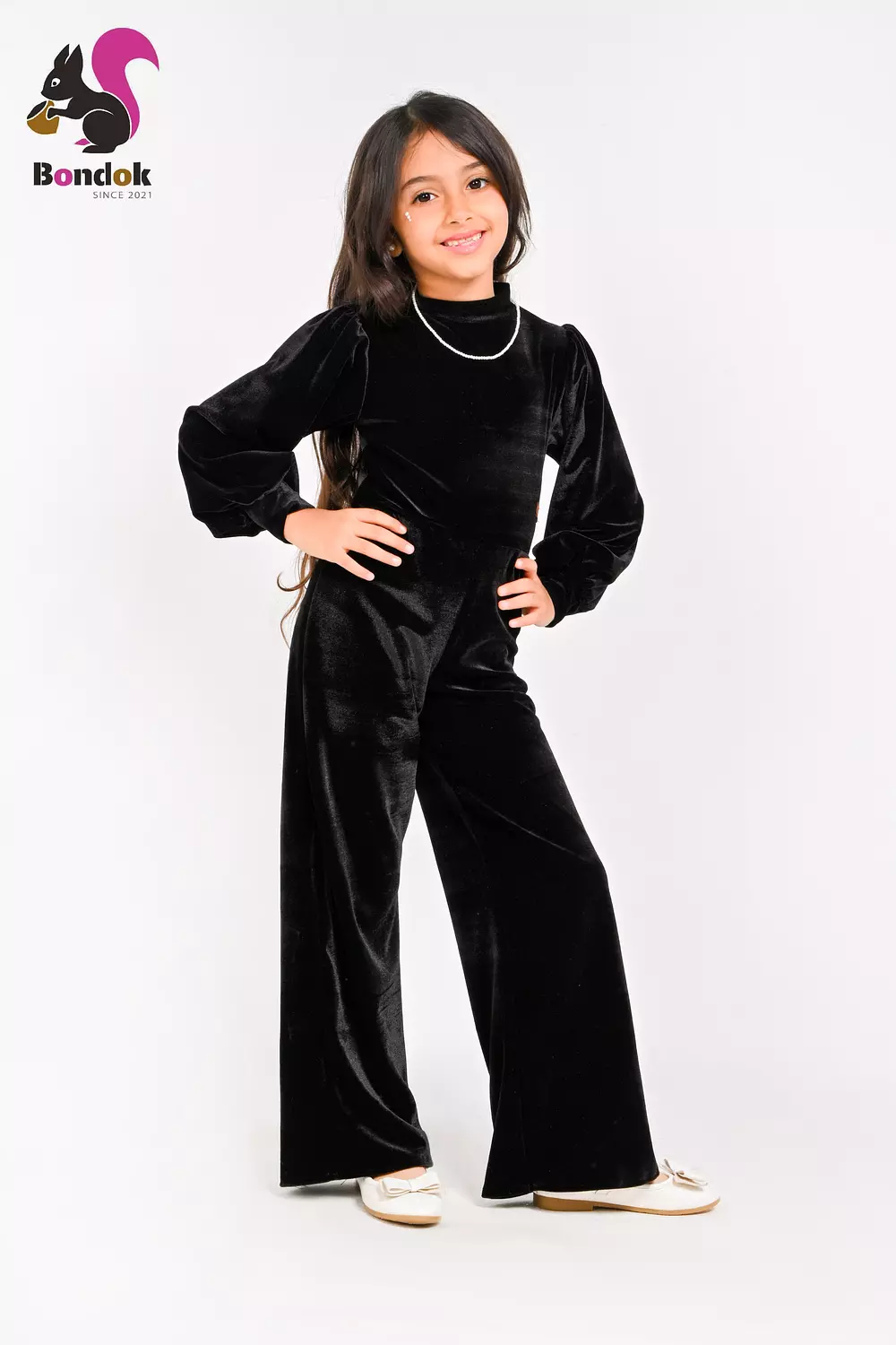 Girls Velvet Jumpsuit, Long Sleeve Wide Leg 2