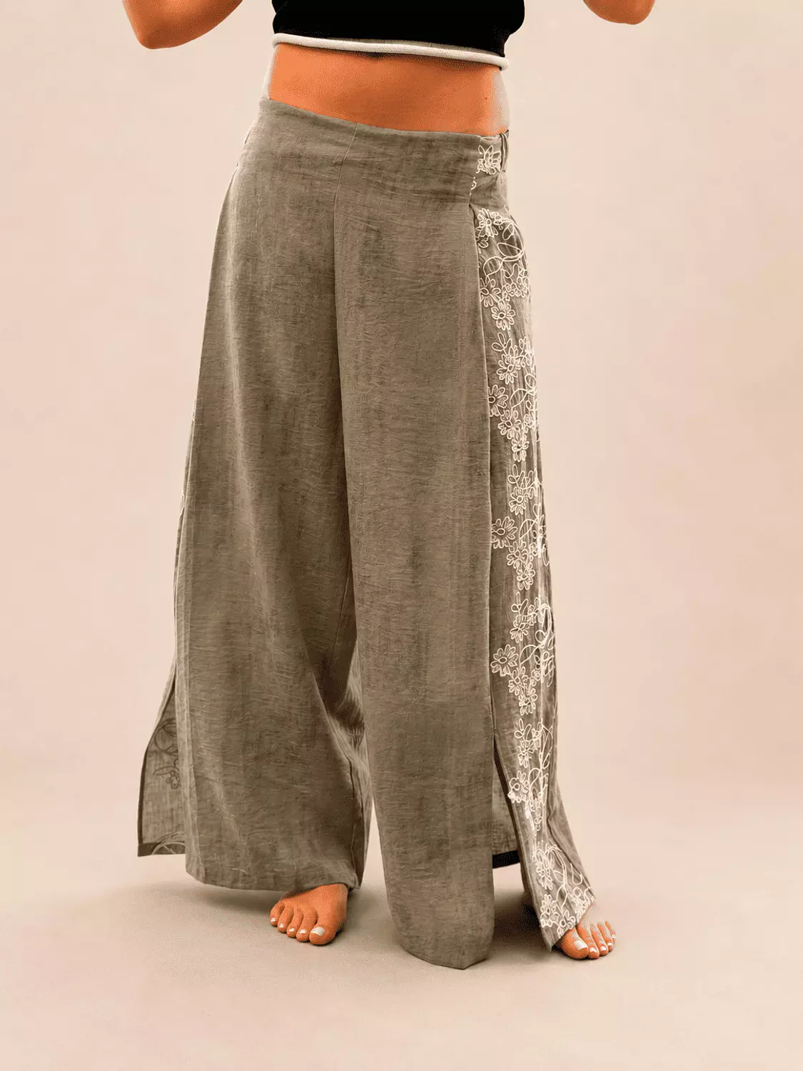Wide-Leg Pants with side slits - Olive Green 2