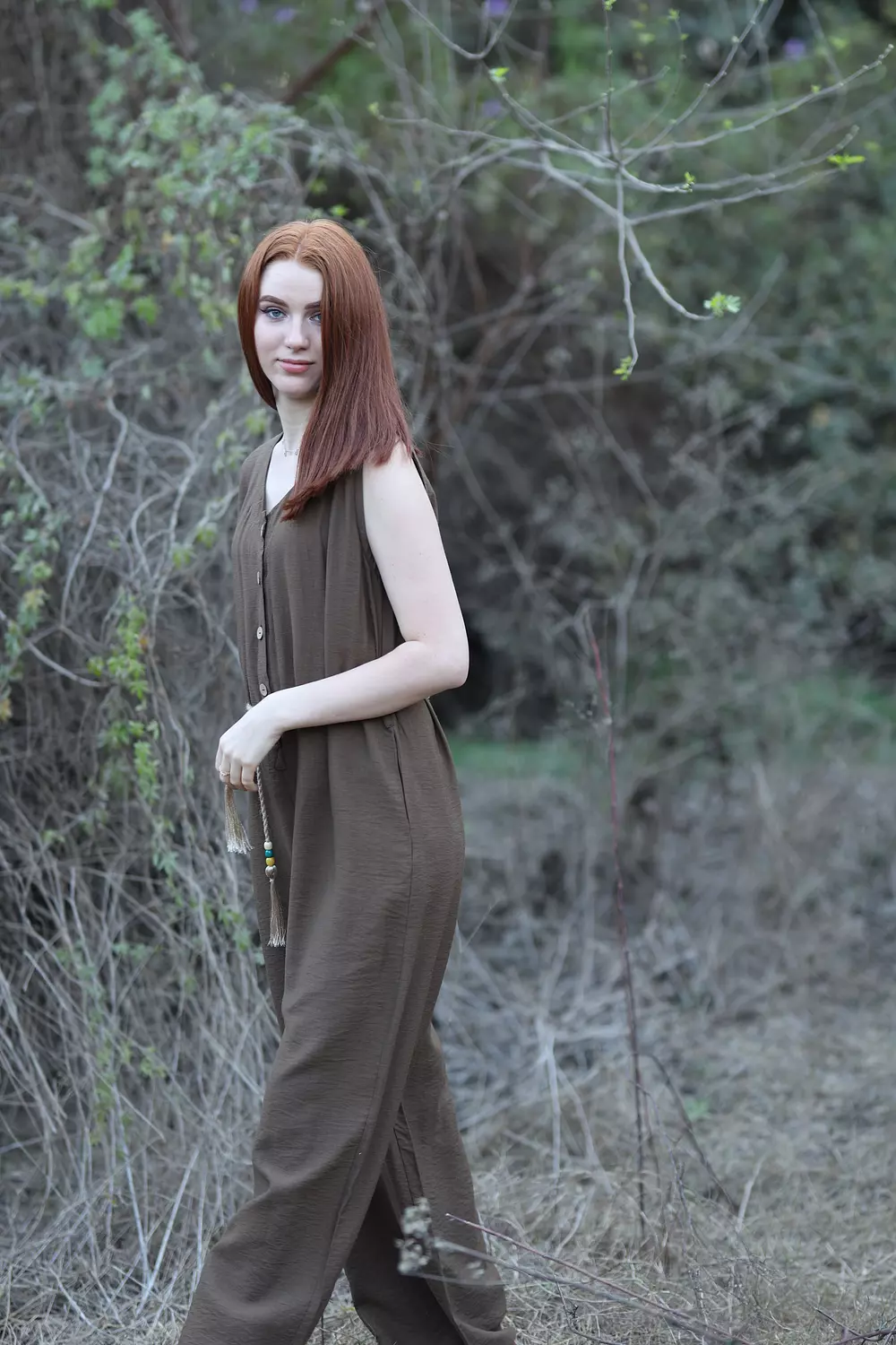 Wide Leg Linen Jumpsuit - Dark Brown hover image