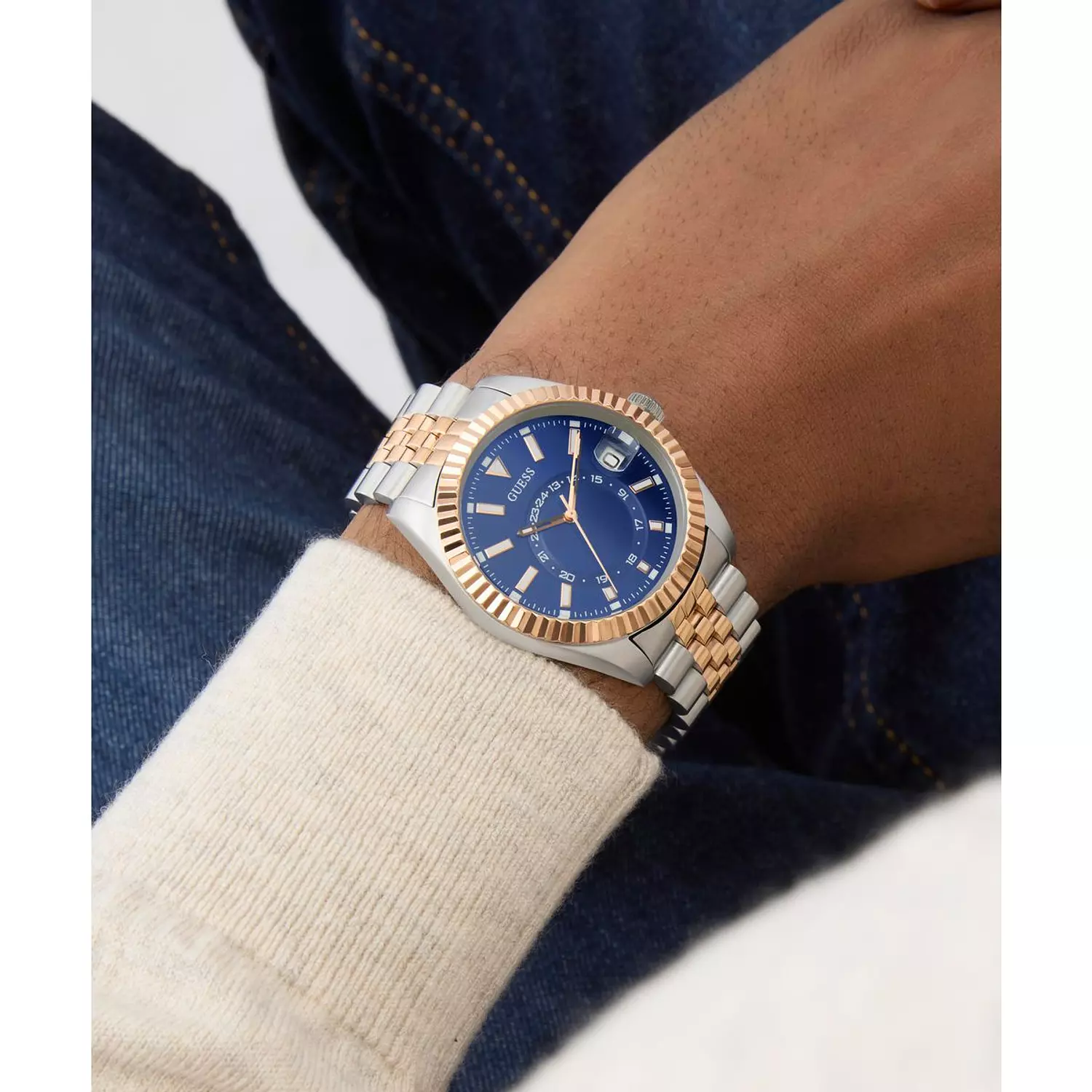 GUESS JADEN Mens Jaden 2-Tone Multi-function Date Watch 2-Tone Stainless Steel Brushed/Polished Bracelet 8