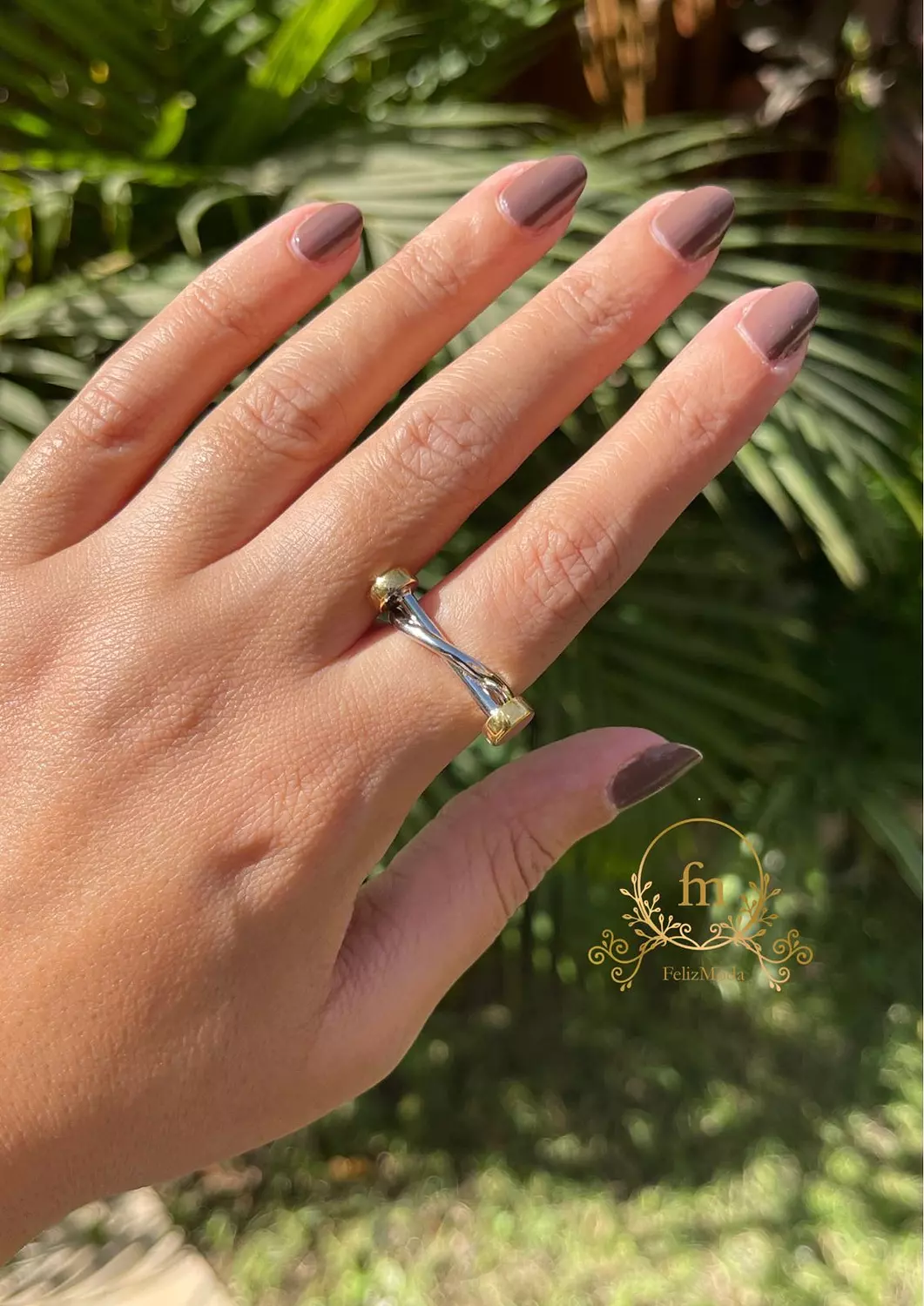 Statement bar silver ring with side golden beads medium size image