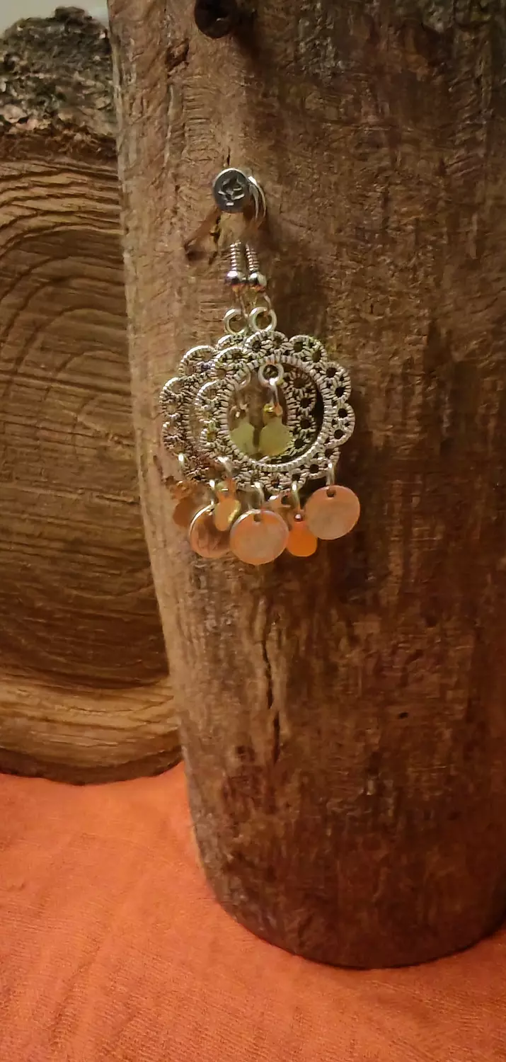 Medium sized silver color earrings with gold brass and silver pendants  image