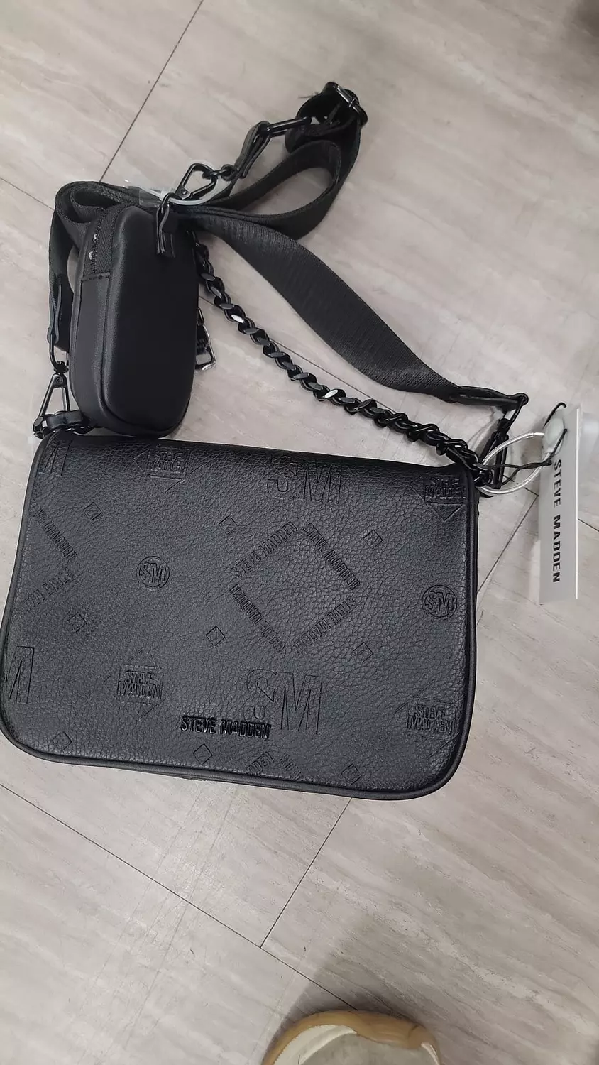 Steve Madden – Black Embossed Logo Crossbody Bag with Mini Pouch image