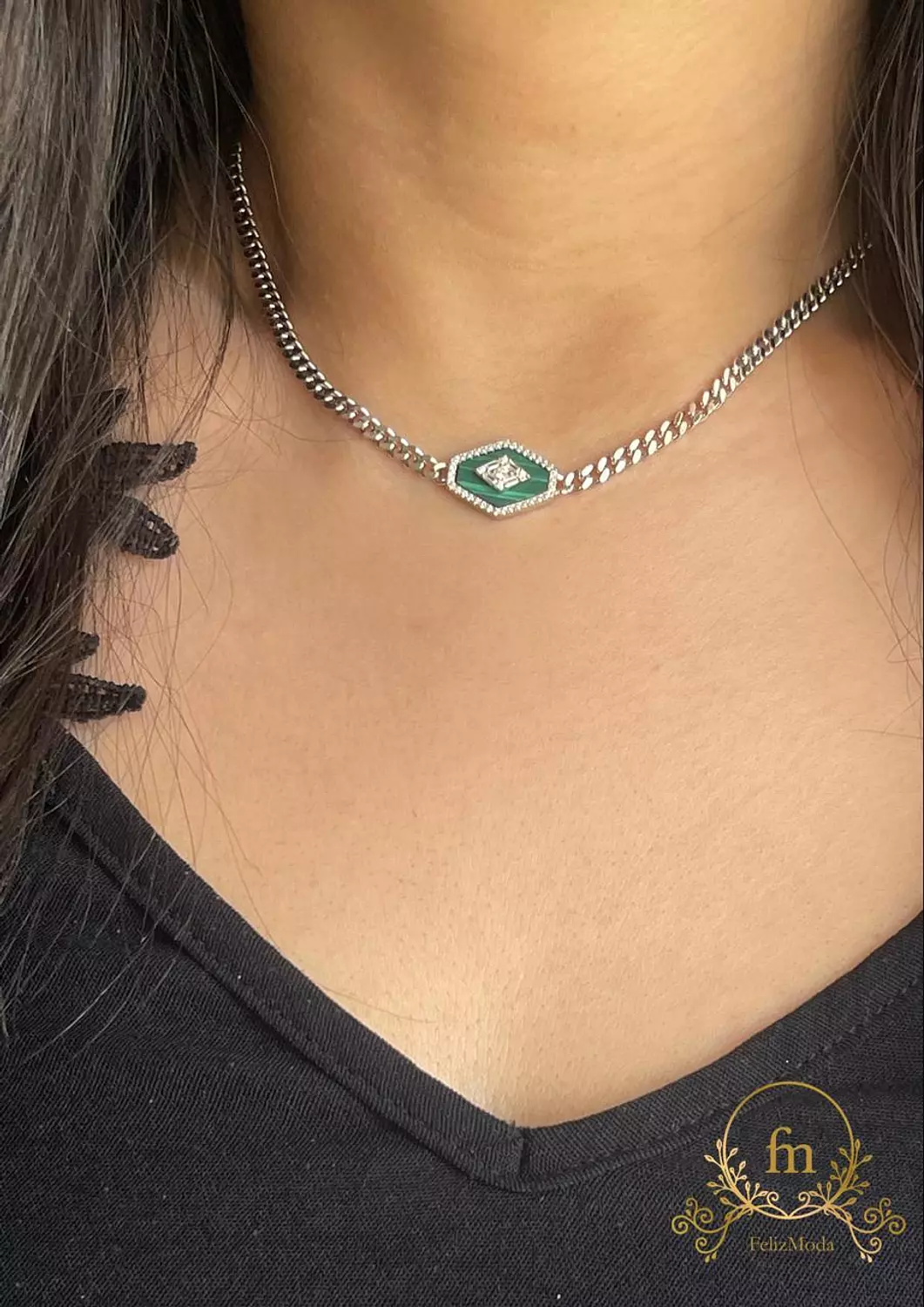 Green oval stone braided silver necklace image