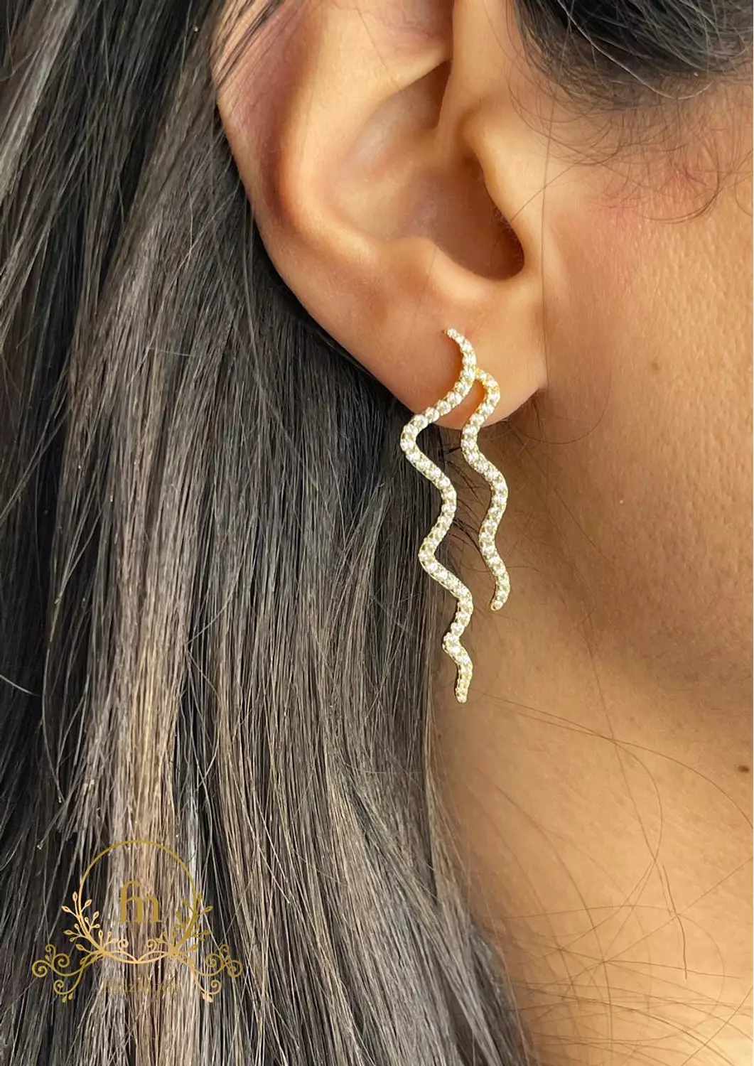 Double waves silver earrings zircon stones gold plated image