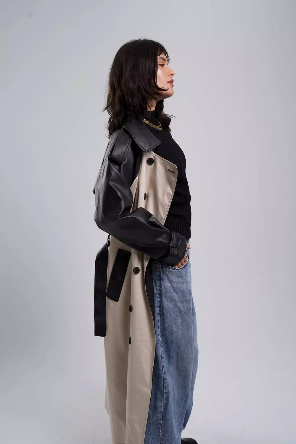 Leather*Gabardine Trench coat  4