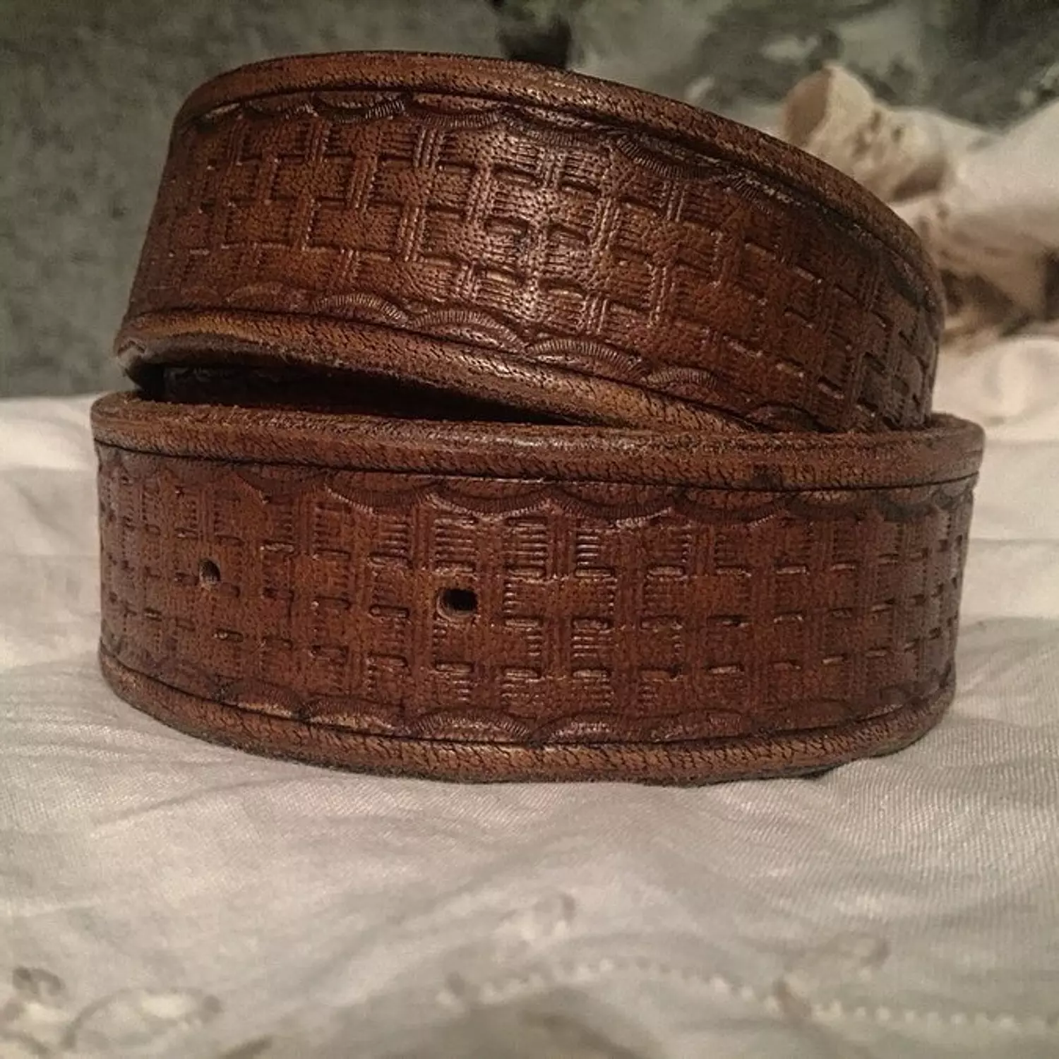 Tooled leather belt-basket pattern hover image