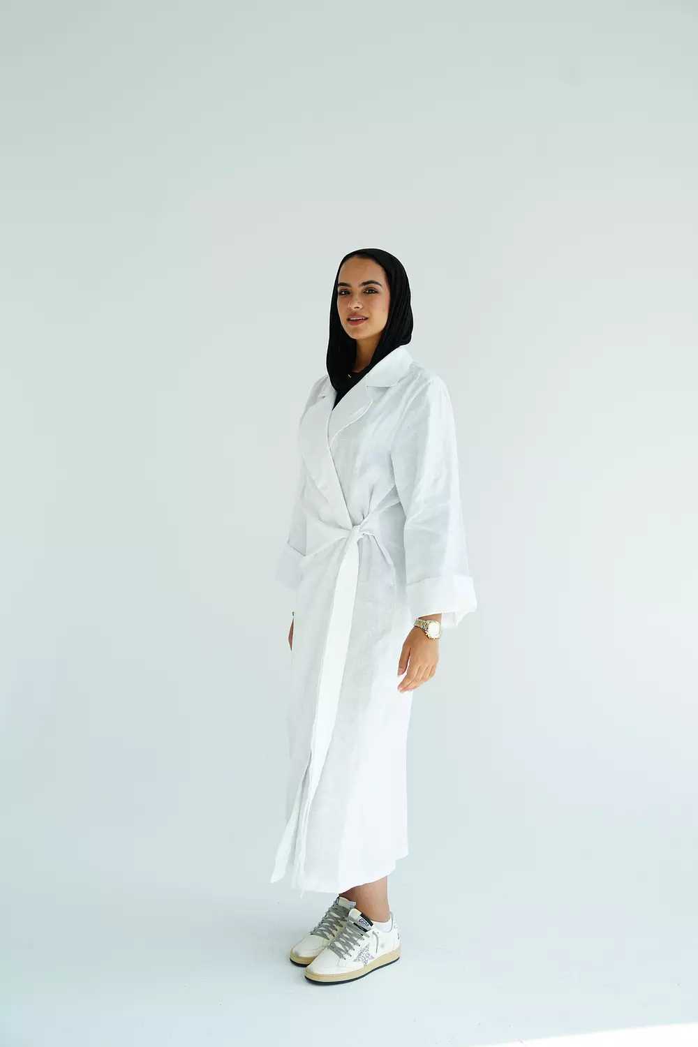 White linen side-tie dress hover image