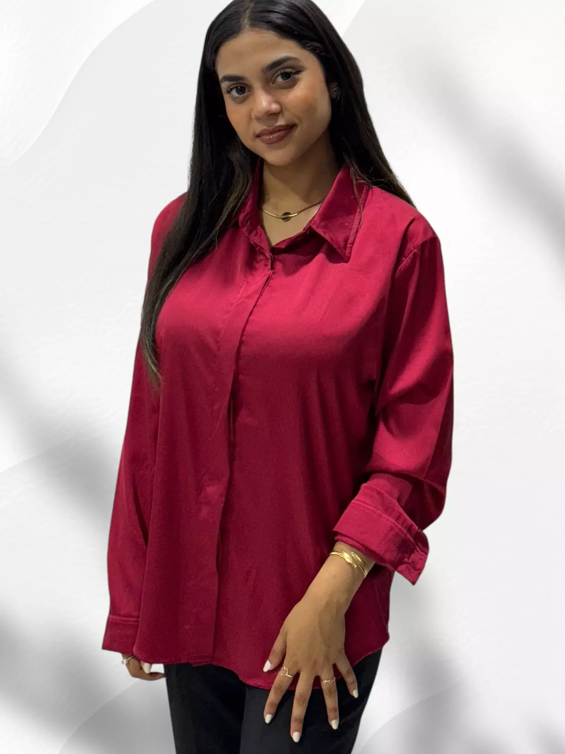 Fashion Satin Shirt- Dark Red image