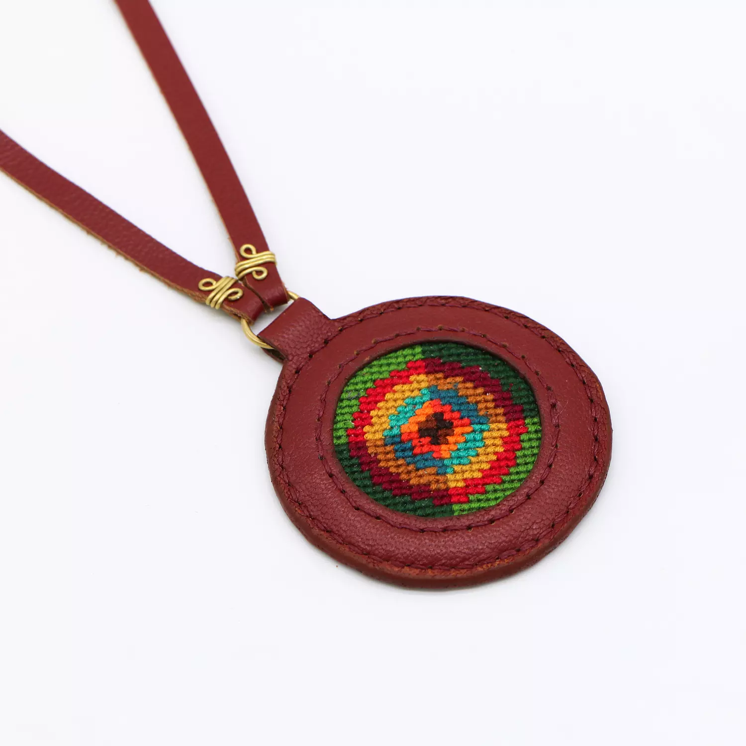 Burgundy genuine leather necklace with colorful Cross-stitching image