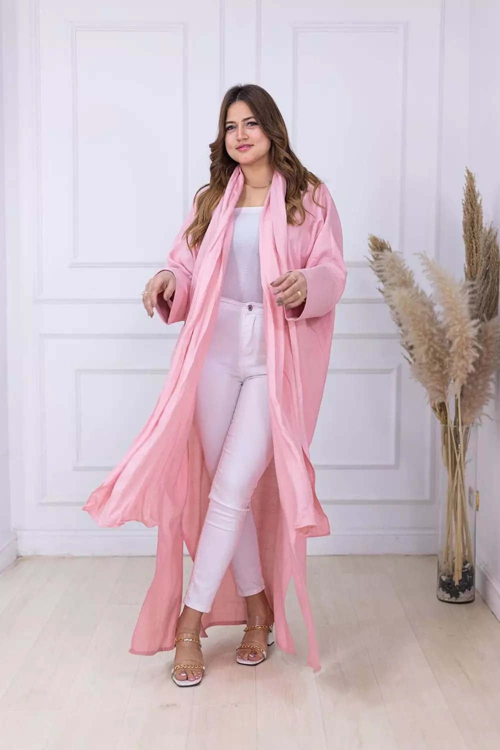 Linen Cardigan Robe With Attached Shawl - Pink image