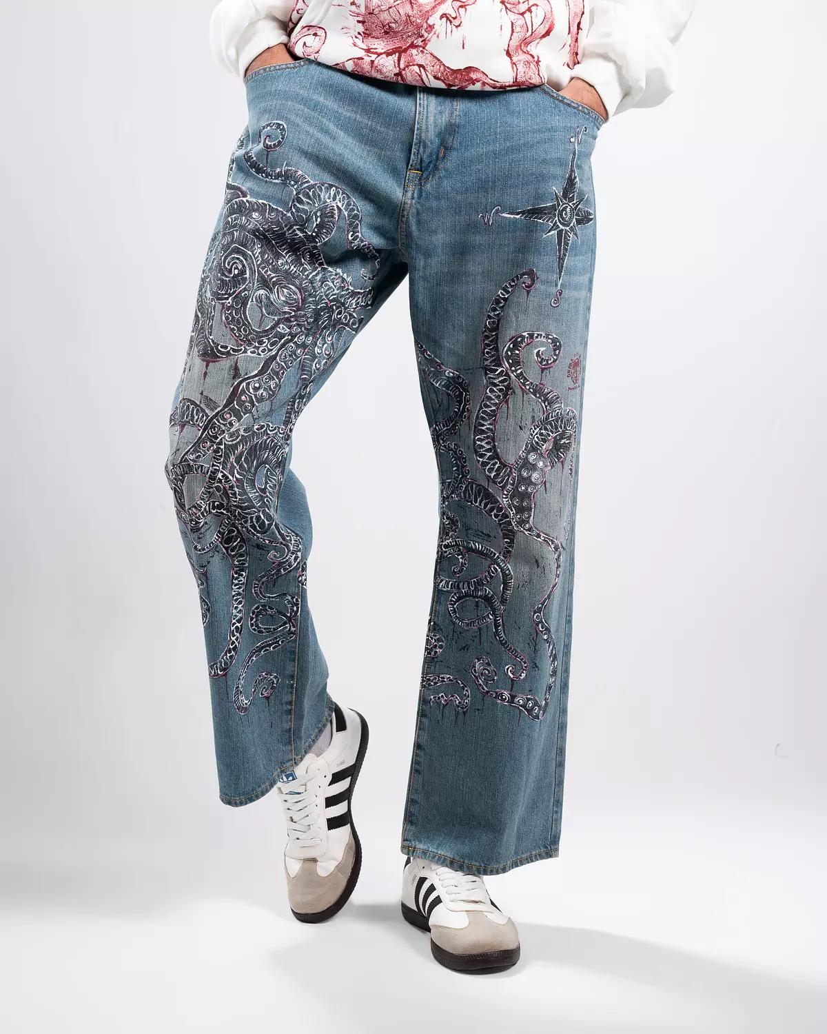 “Giant octopus “ 1of1 hand-printed &painted denim pants 3