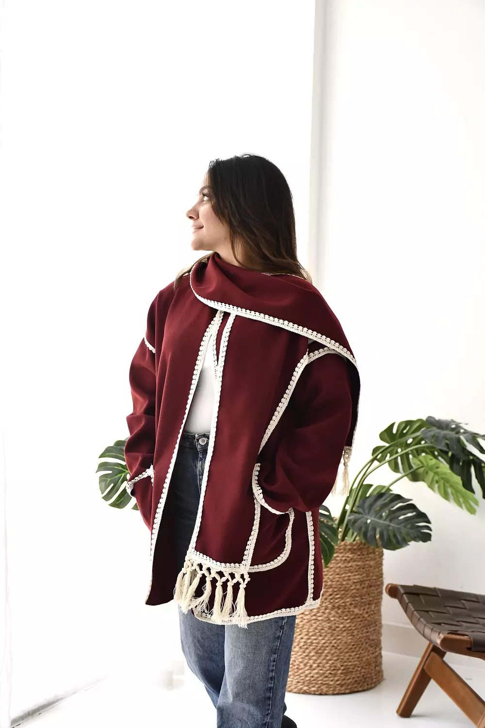 Burgundy scarf jacket  hover image