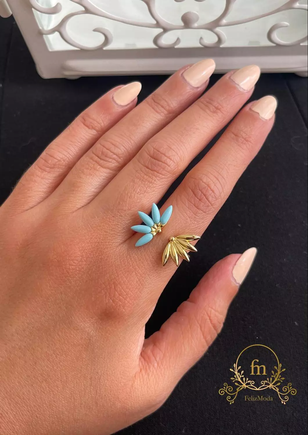 Fayrouz and silver flower ring free size adjustable gold plated image
