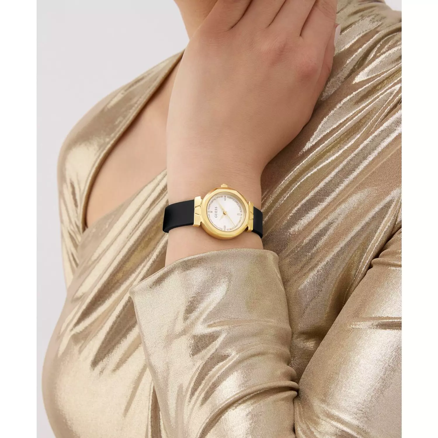 GUESS Ladies Black Gold Tone Analog Watch BLACK Silicone Strap GW0928L2 7