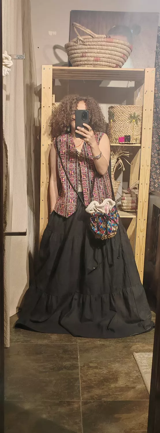 Maxi black boho tiered linen skirt 2