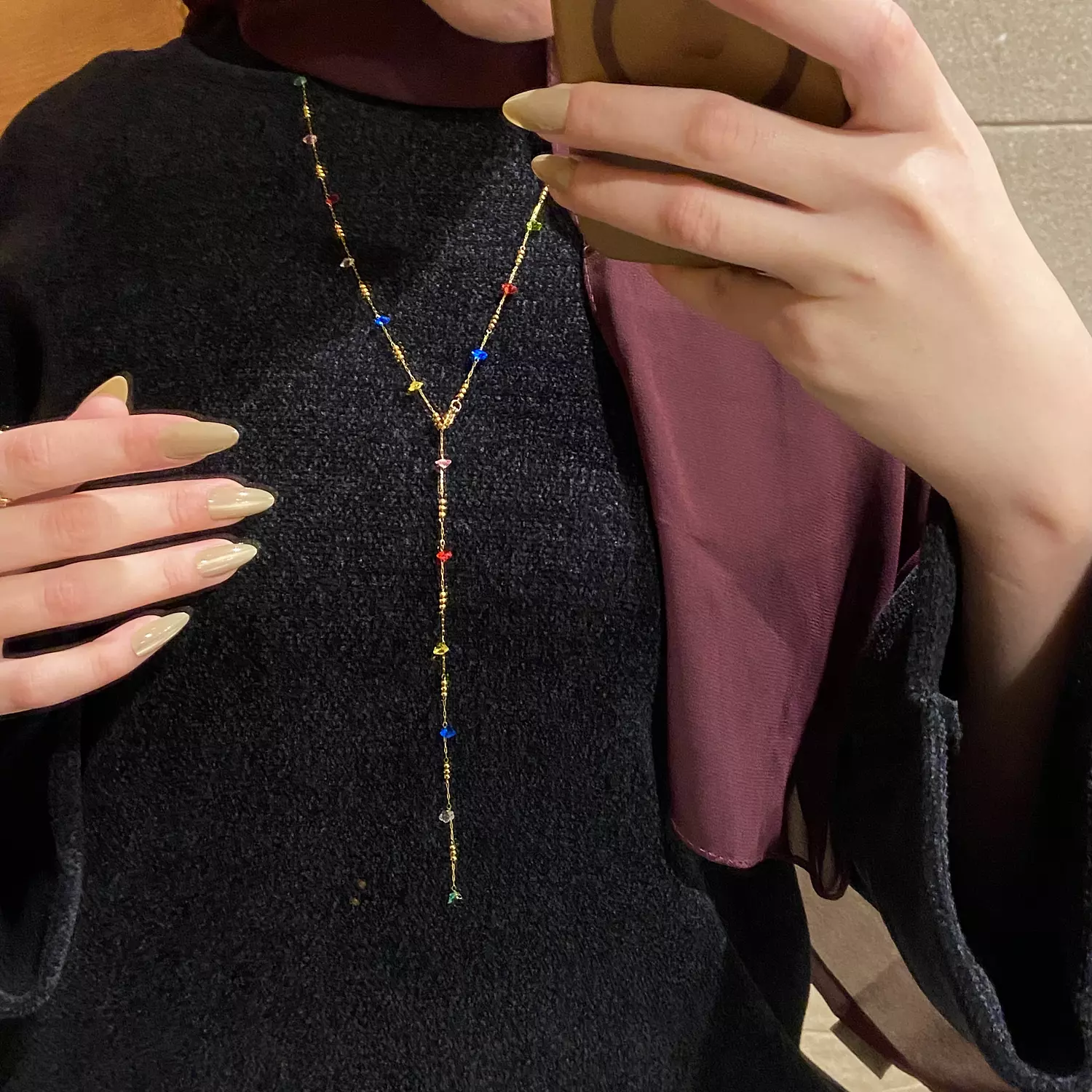 Y drop colorful stones stainless steel necklace  image