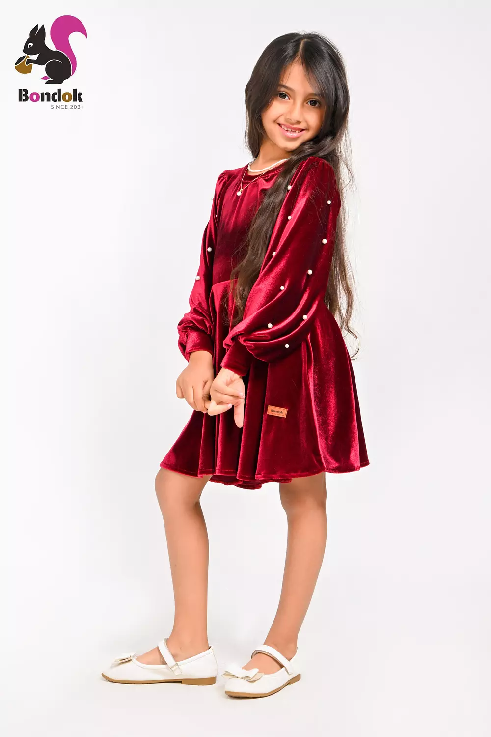 Loly Girls Velvet Dress with Pearl Details, (Red, Navy Blue, Emerald Green, Deep Fuchsia and Black) 7