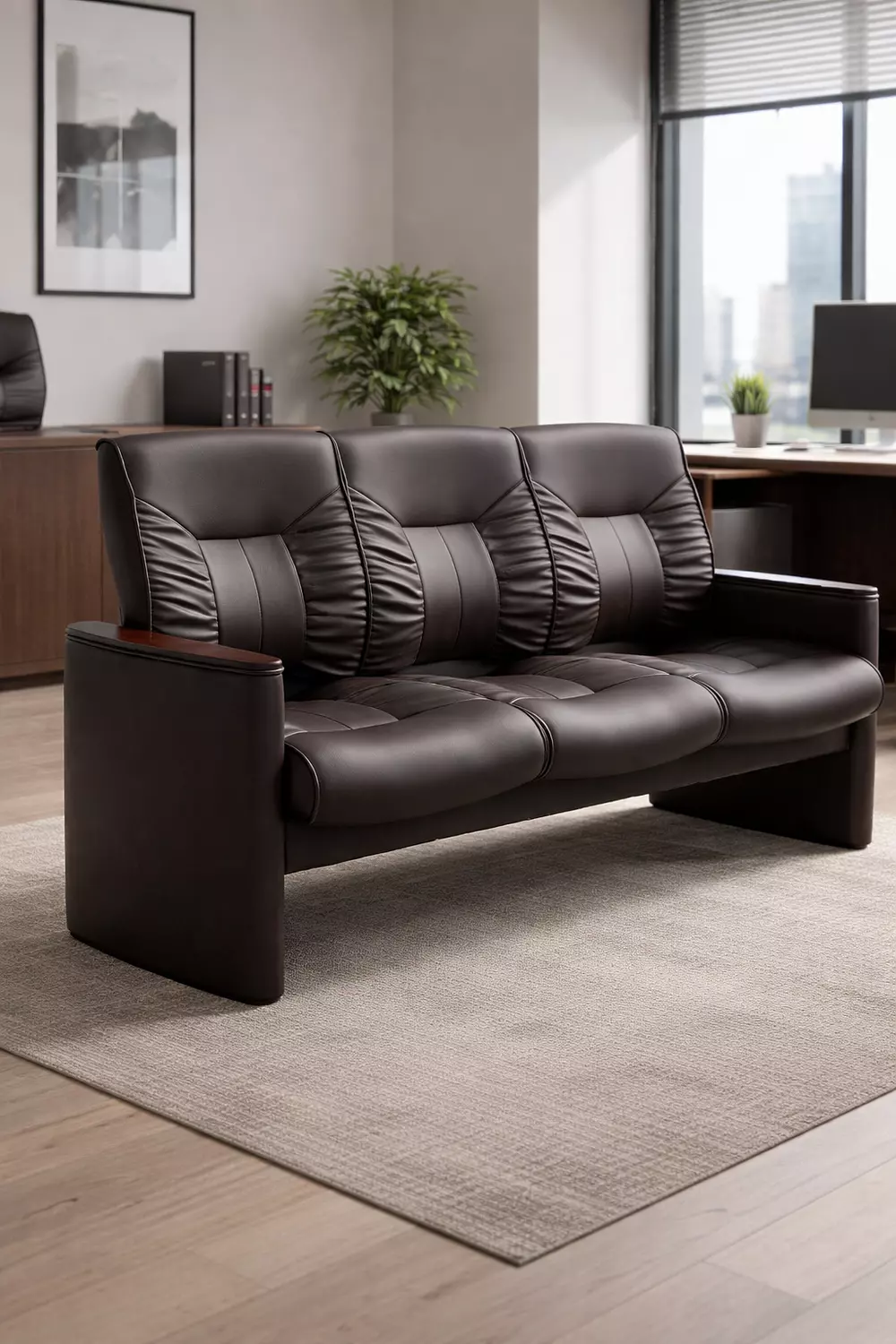 كنبه شيرمان 3 مقعد جلد بني جلد 9 image