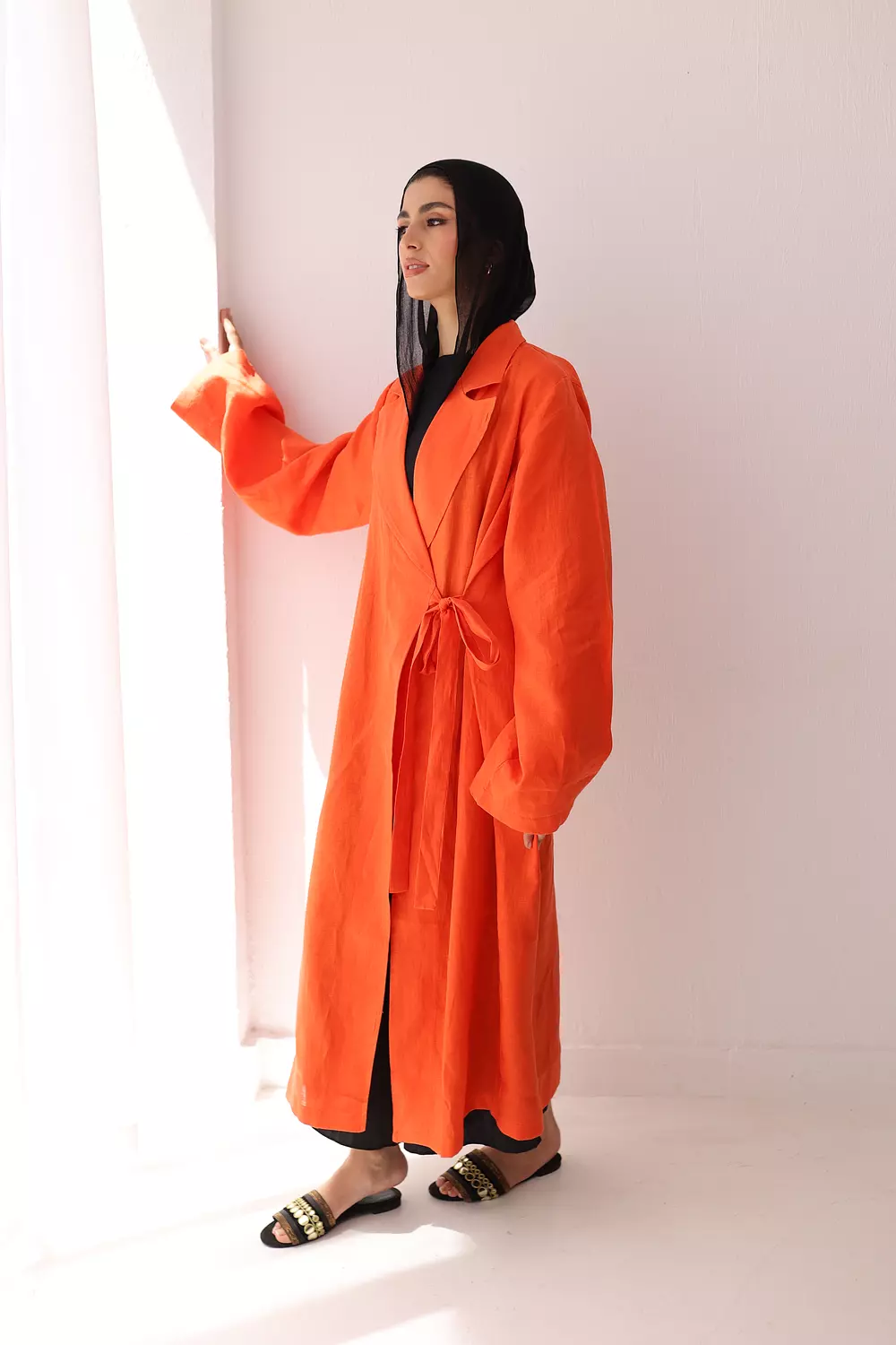 Side- tie linen dress in orange  3