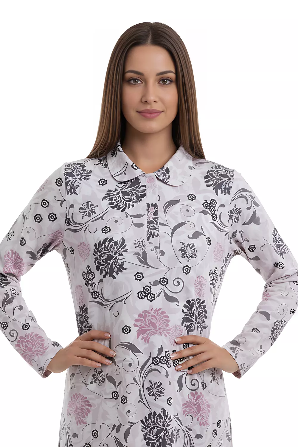 Shorto Women's Collar Fleece Flowers Printed Nightgown - 2647 - Light Rose 3