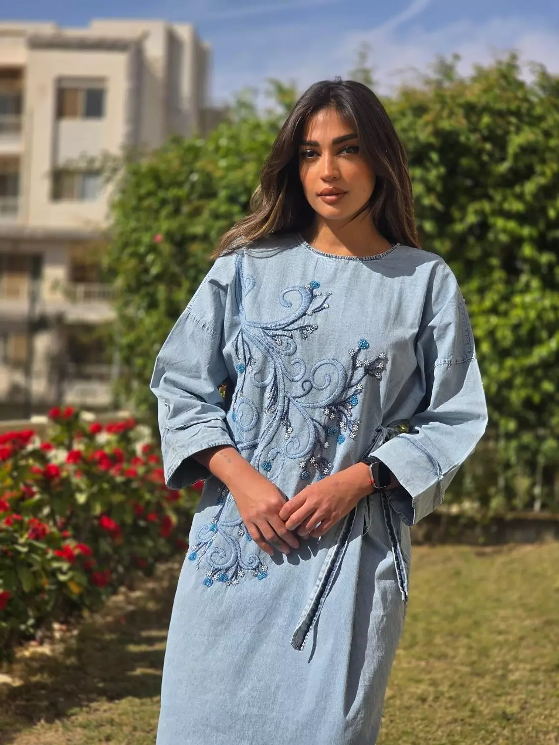 Light blue floral sequin embroidered denim dress with side tie  image