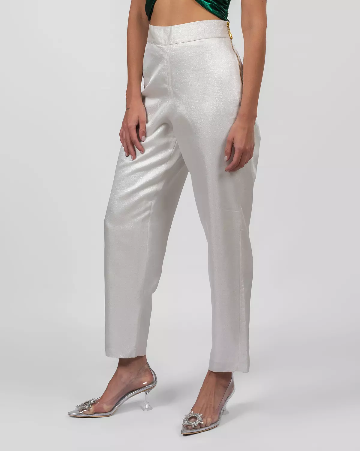 Shimmery white silk brocade trousers  3