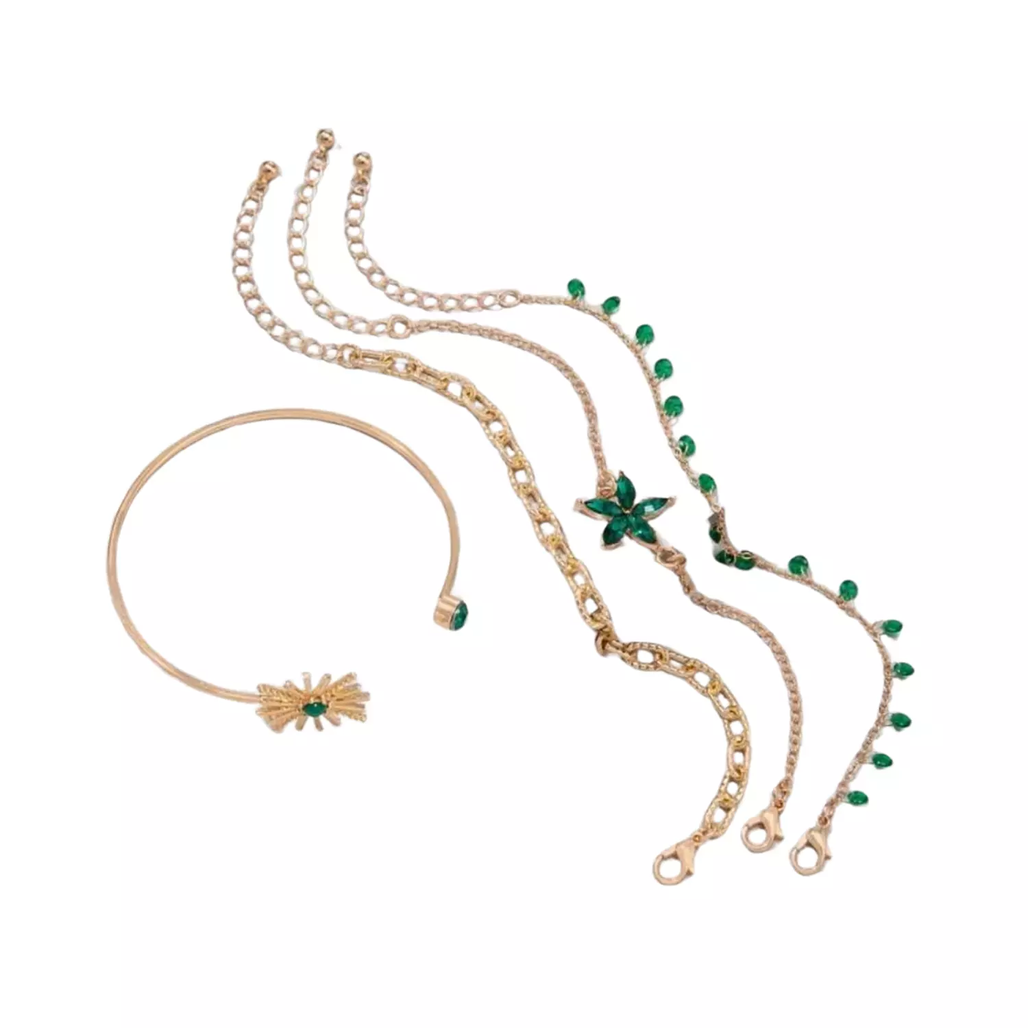 4 Pc Emerald Green Flower Bracelet Set 1