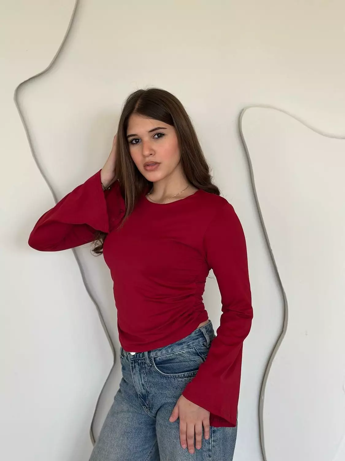 Double-Lined Lycra Top with Bell Sleeves & Side Ruching 9