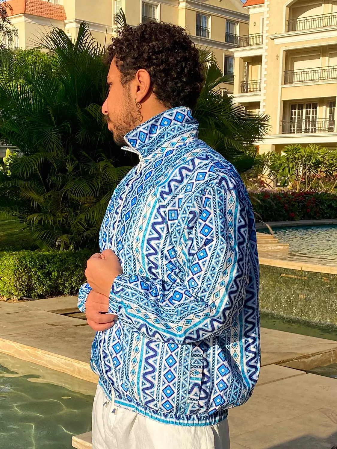 Tribal Patterned White and Blue Bomber Jacket image
