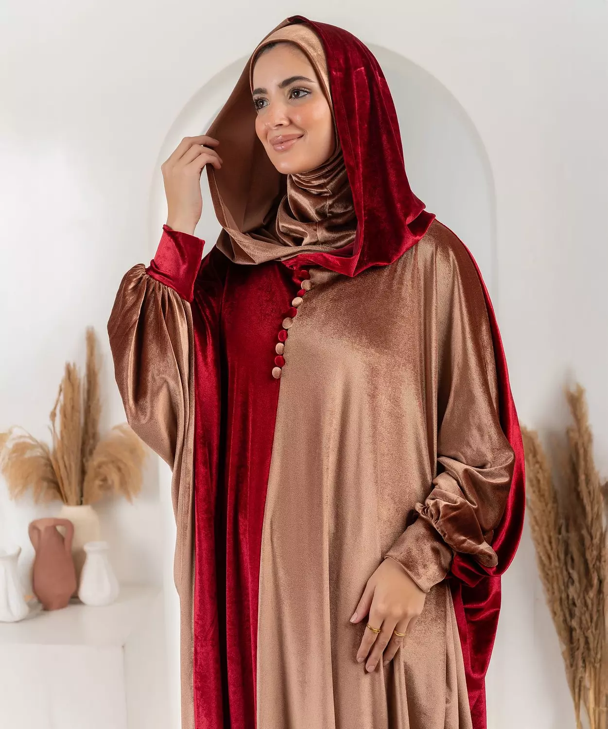 Bicolour Velvet Abaya-Cherry/Beige hover image