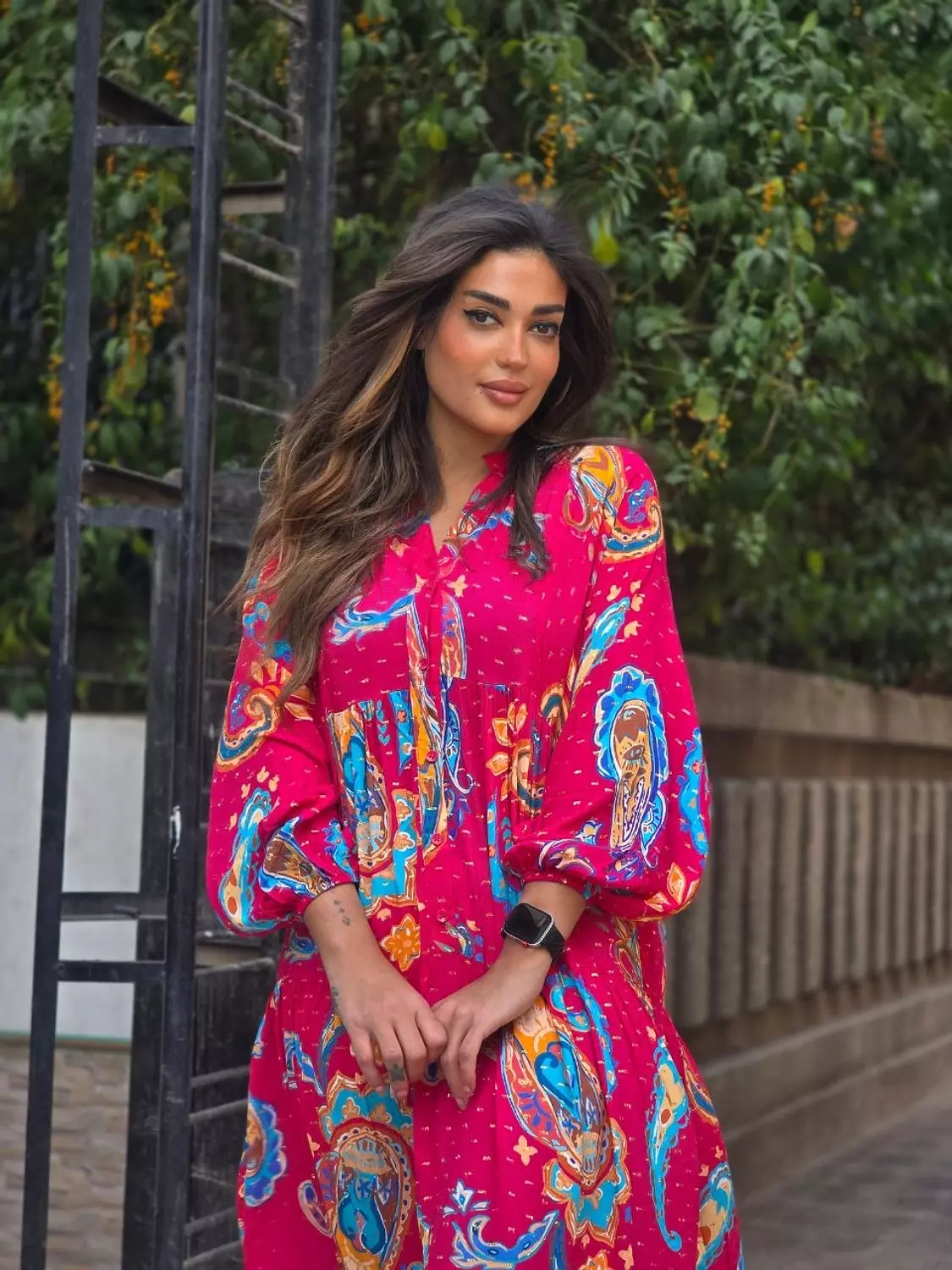 Fushia multicolour dress with gold shimmer image