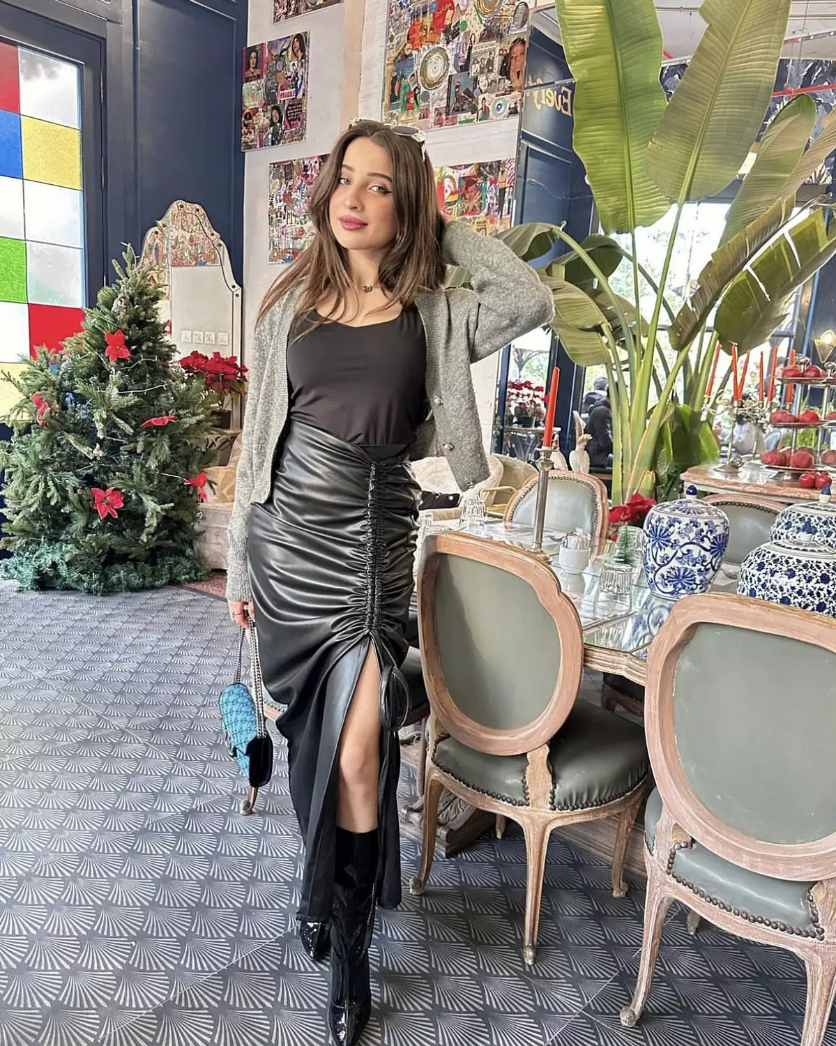 Slitted leather skirt 