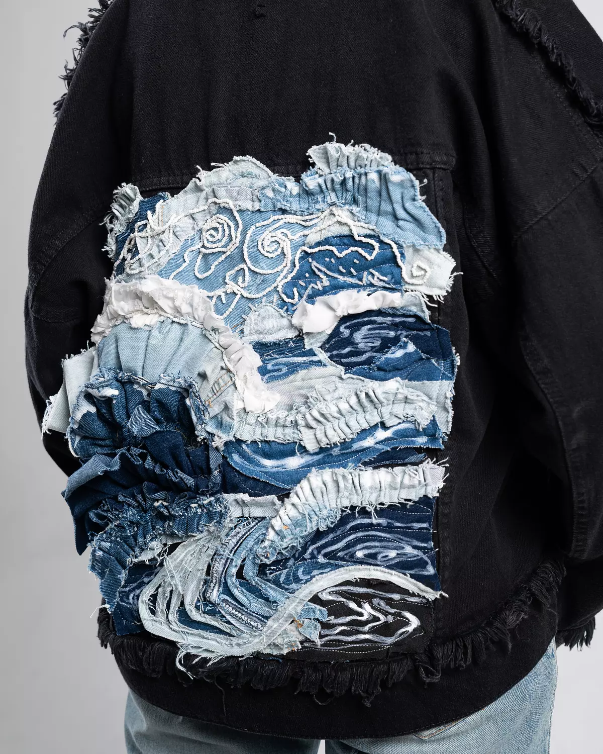Beyond the blue” fabric collage & hand-embroidered denim jacket “ 4