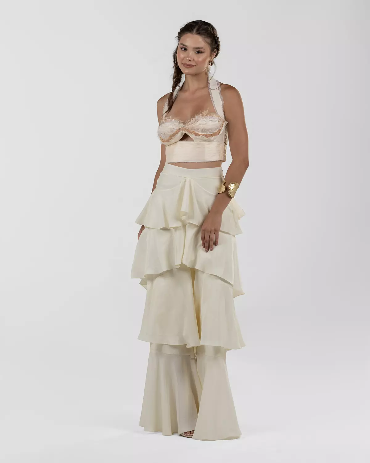 Chic Off-White Silk Ruffled Wide-Leg Pants hover image