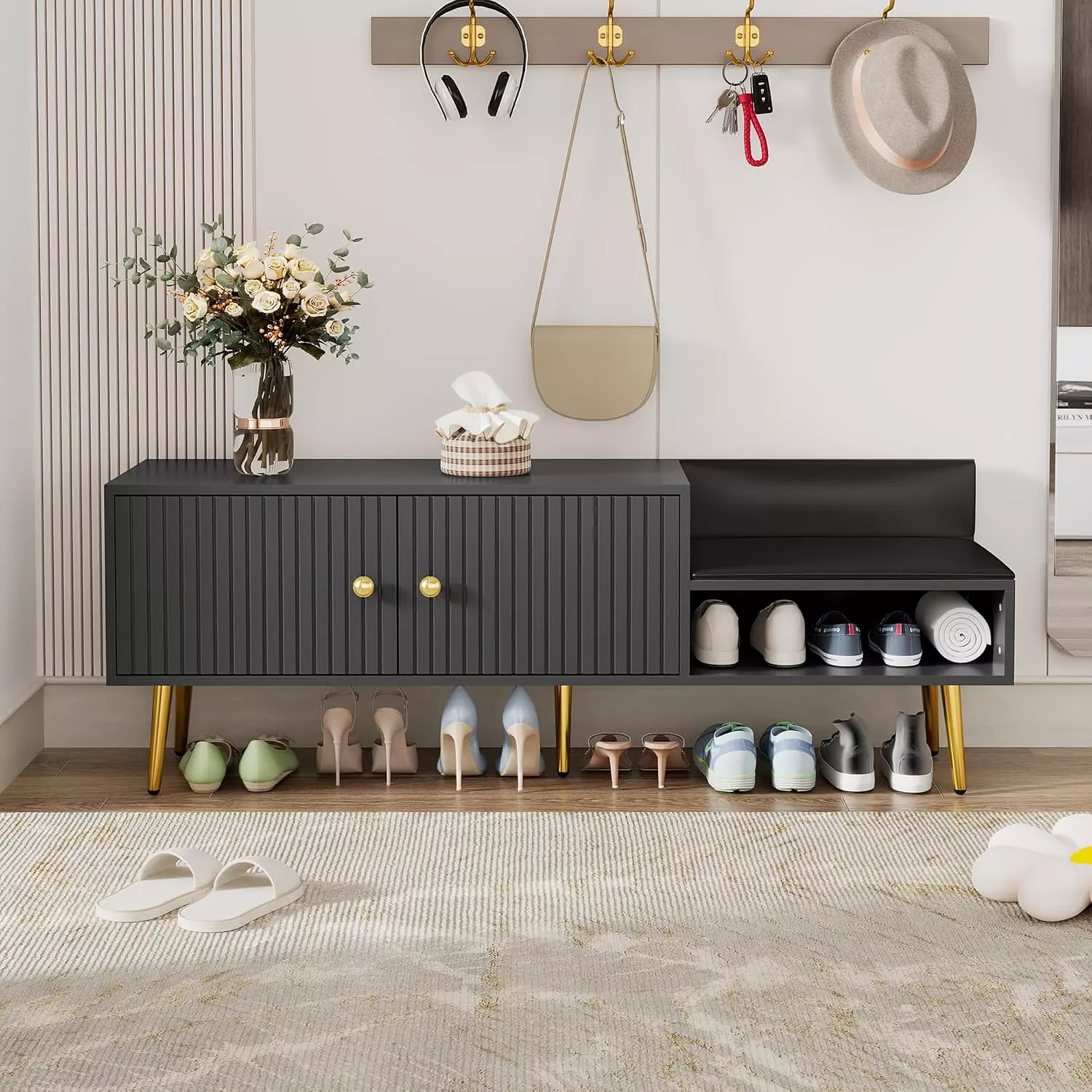 Shoe organizer with wooden bench image
