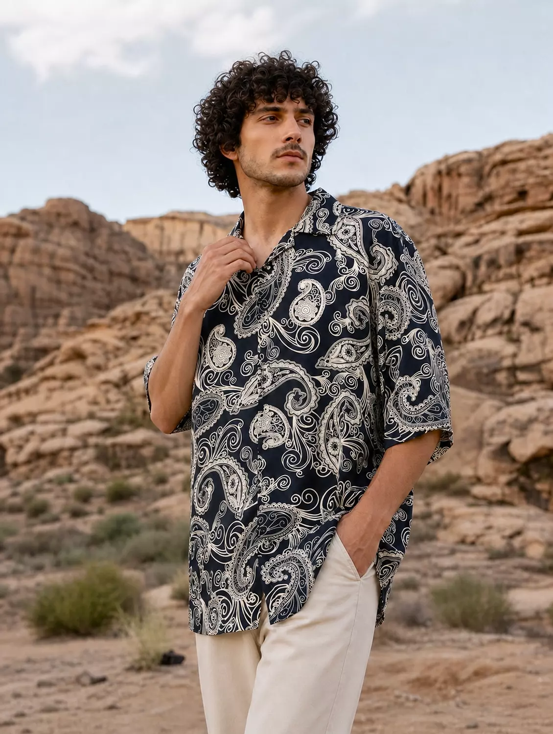 Loosefit Navy Blue Wave Patterned Viscose Shirt 2