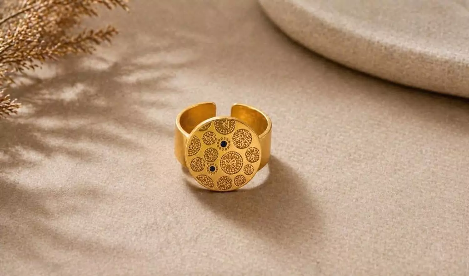 Intricate embossed 18k gold plated free size ring image