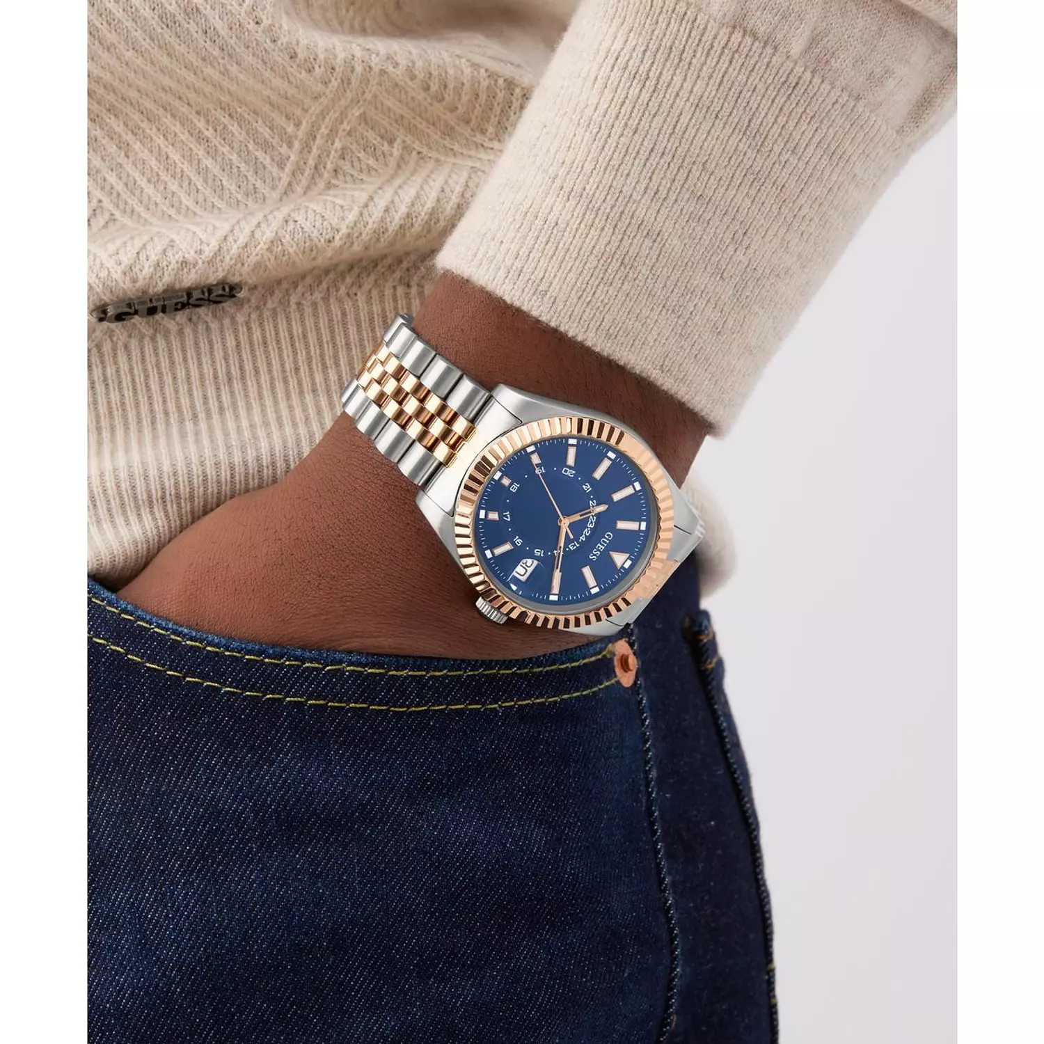 GUESS JADEN Mens Jaden 2-Tone Multi-function Date Watch 2-Tone Stainless Steel Brushed/Polished Bracelet 6